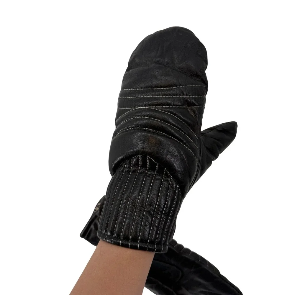 Vintage Grandoe Leather‎ Mittens Lined Black Gloves Winter Ladies Large